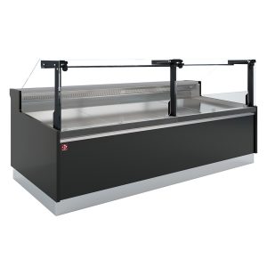 Geventileerde toonbank, met voorraadruimte, verticaal glas 90° met zuigerlift - VOLLEDIG ZWART