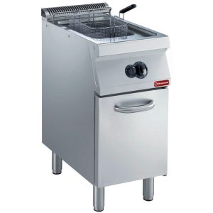 Gasfriteuse, Y-vormig, 15 liter, met externe branders, op een onderstel.