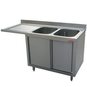 Spoeltafel 2 bakken 400x500xh275 afdruipblad links op onderkast met 2 schuifdeuren en met ruimte voor vaatwasser