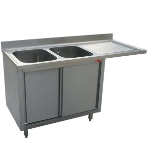 Spoeltafel 2 bakken 500x500x325 lekblad rechts op onderkast 2 schuifdeuren en vaatwasserruimte