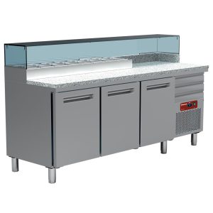 Koelwerkbank voor pizzeria, 3 deuren 600x400, 3 neutrale laden 600x400, gekoelde opzetvitrine 8x GN 1/4