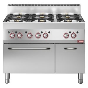 Fornuis met 6 open branders op gasoven en neutrale kast